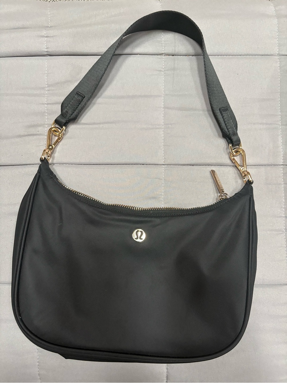 lululemon athletica Black Shoulder Bag with Gold Hardware and Wide Strap